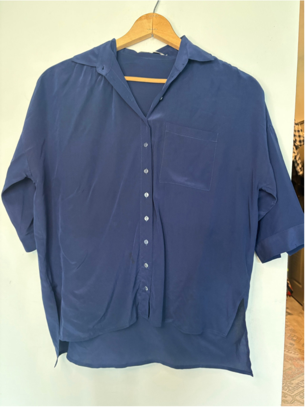Anne Fontaine Navy Silk Oversized Button Front Blouse Size 38